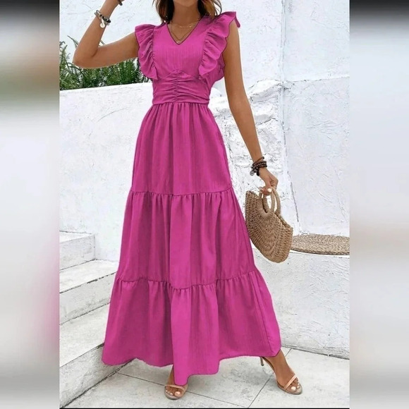 Solid Ruched Ruffle Hem Dress - Picture 2 of 4